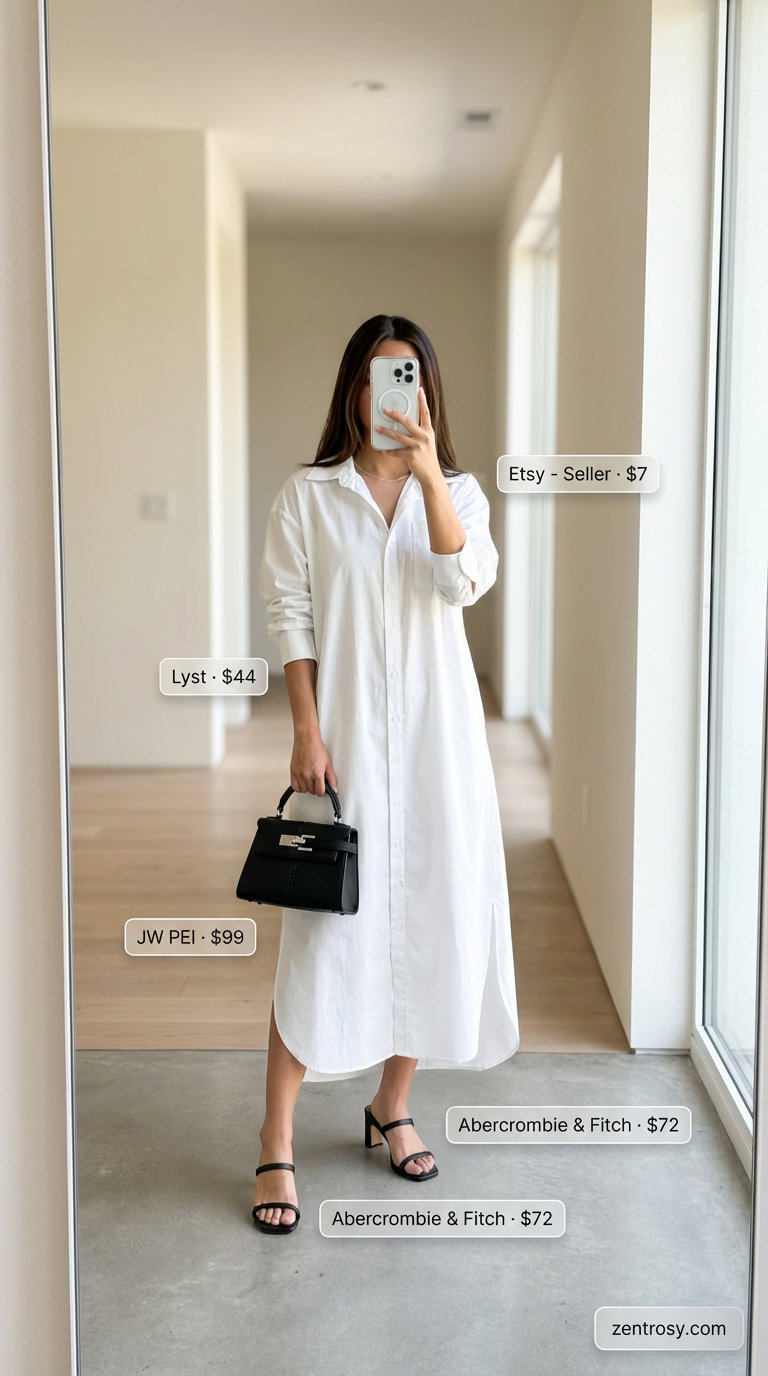 Chic white cotton poplin oversized shirt dress with black block heel sandals, a structured top-handle bag, and delicate silver necklace. Modern summer dresses 2026.