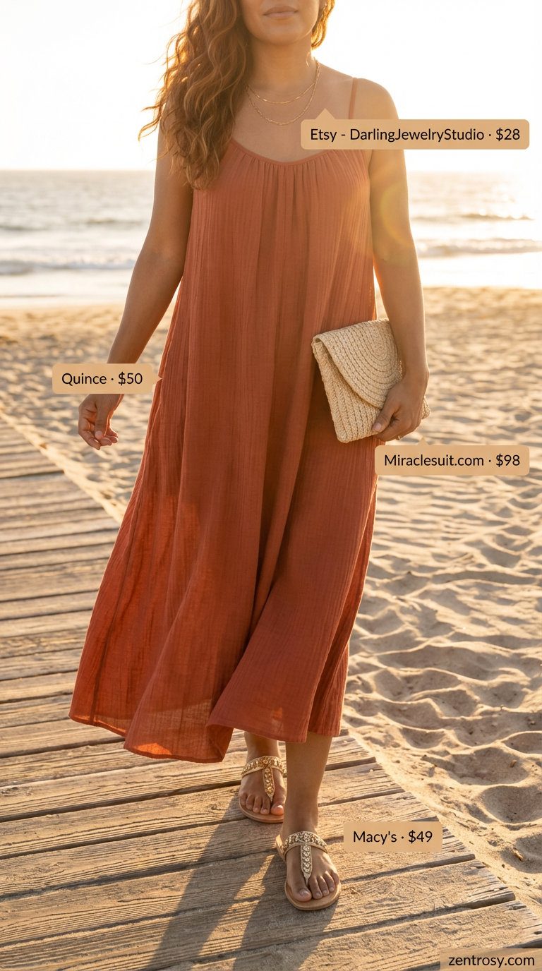 Romantic terracotta cotton gauze sleeveless maxi dress, styled with cream embellished sandals, a woven clutch, and layered gold necklaces. Vacation summer dresses 2026.