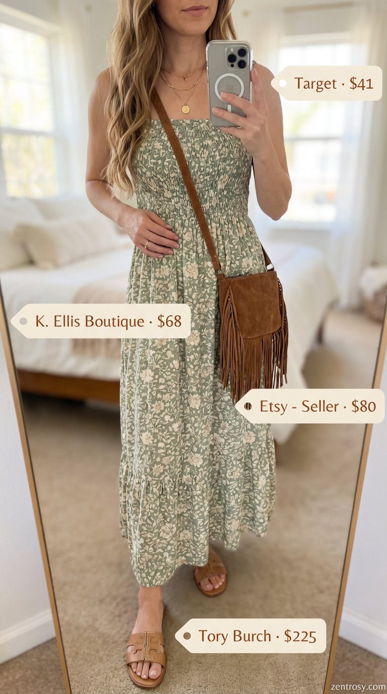 Whimsical sage green floral print viscose maxi dress with puff sleeves, brown fringe bag, flat leather sandals, and layered gold necklaces. Bohemian summer dresses 2026.