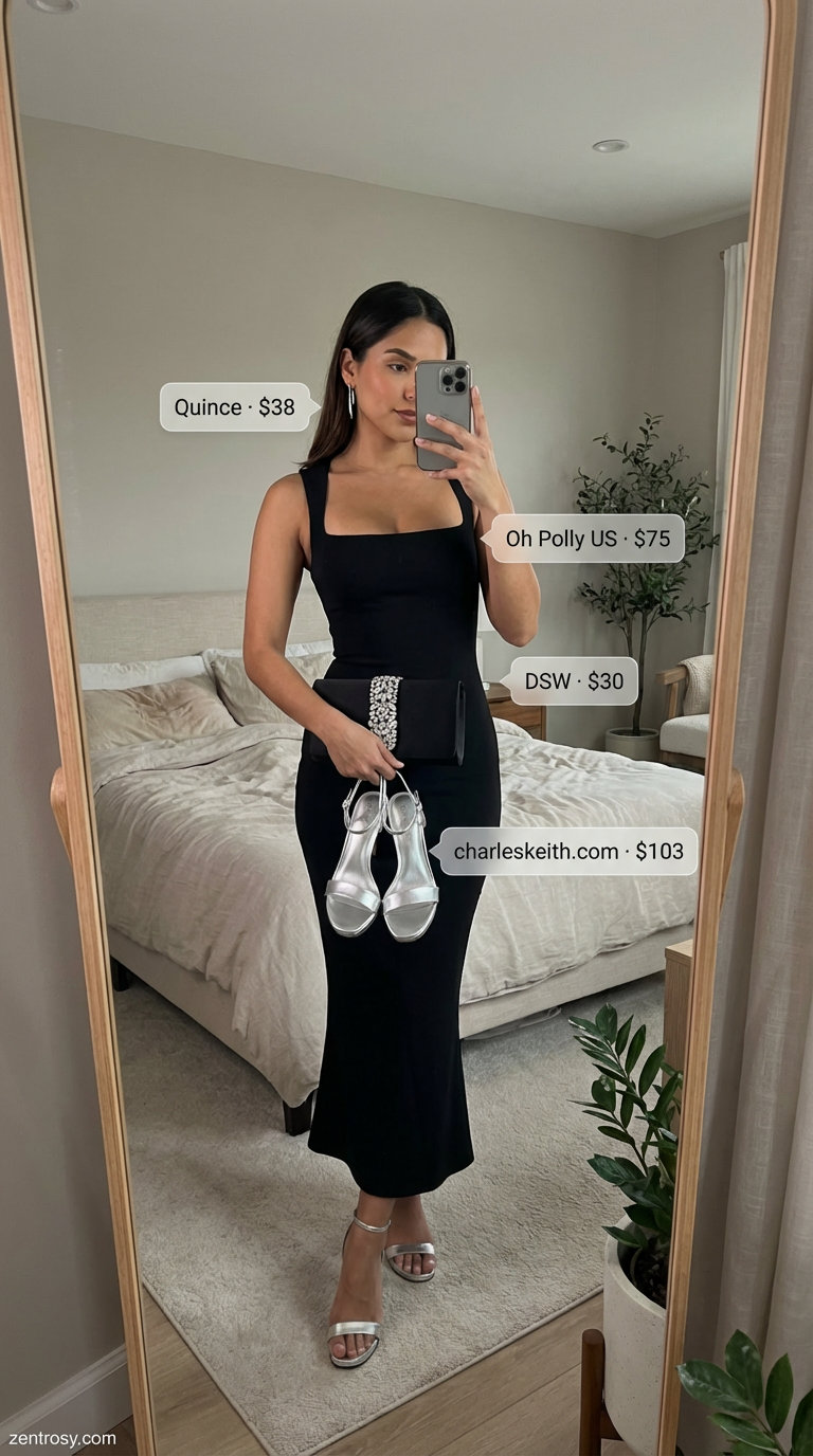Sultry black stretch knit bodycon midi dress for dinner, styled with metallic silver strappy stilettos, crystal clutch, and silver drop earrings. Modern summer dresses 2026.
