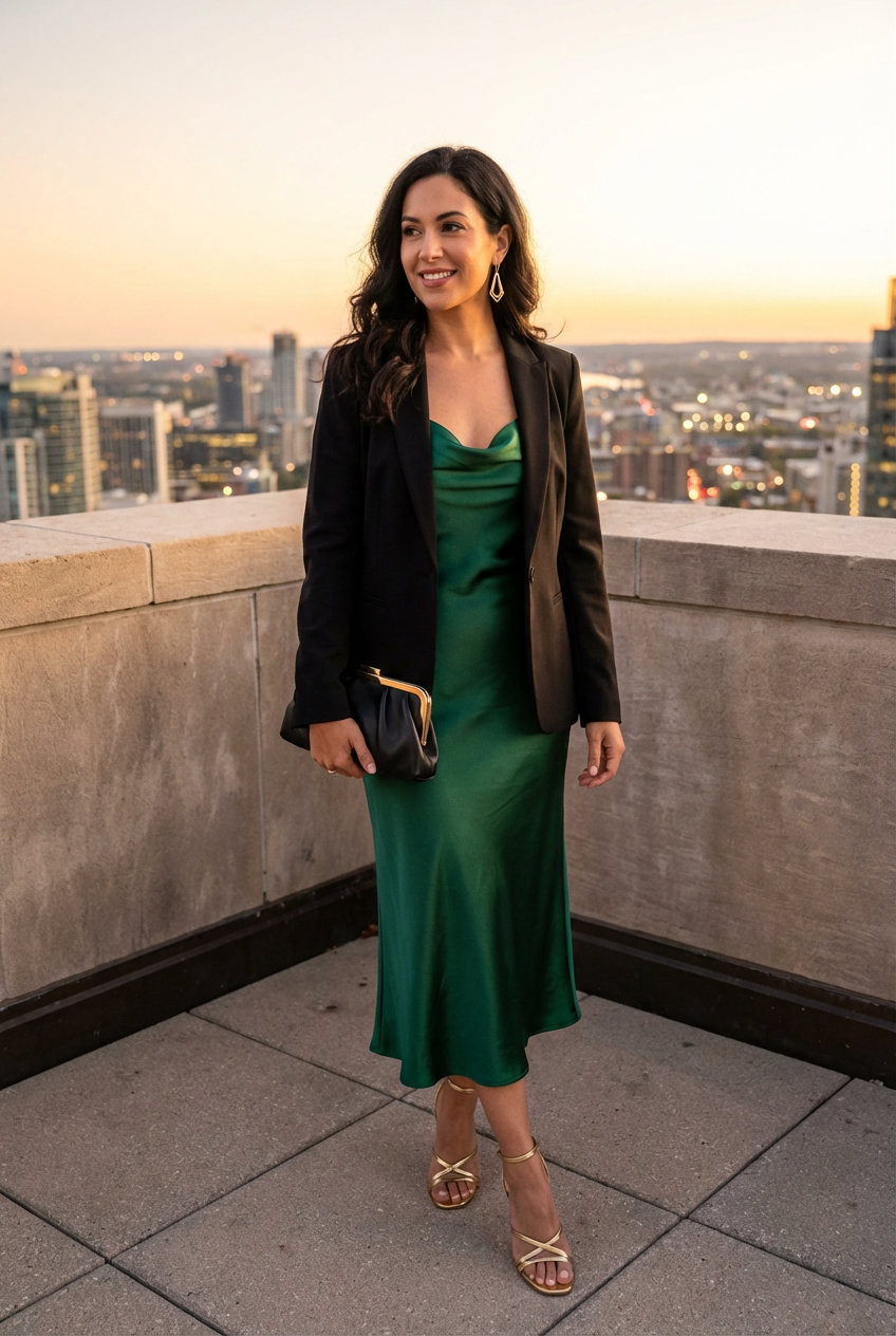 Glamorous emerald green silk slip midi dress layered with a black blazer, gold strappy sandals, and geometric earrings for a city soiree. Top summer dresses 2026.