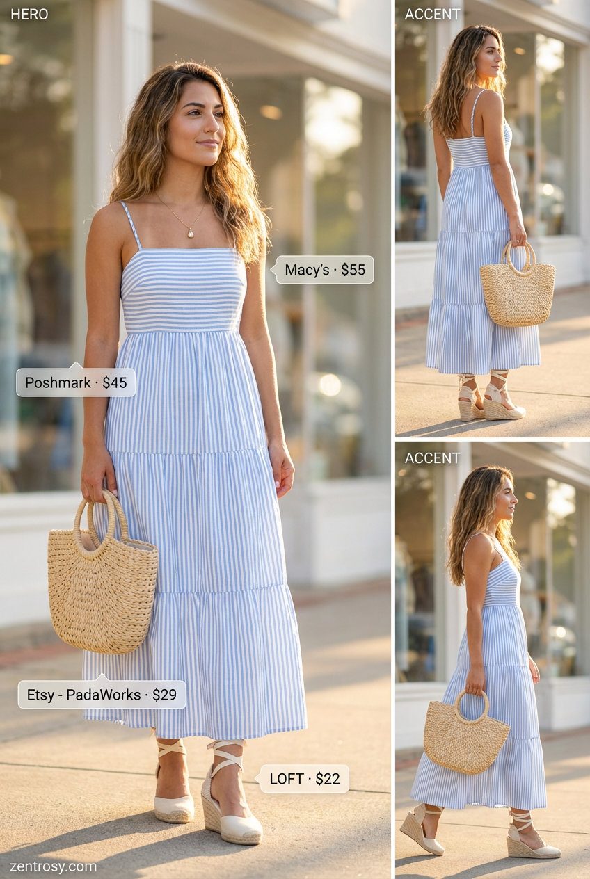 Relaxed sky blue and white striped tiered maxi dress with espadrille wedges and straw tote, perfect for summer dresses 2026 brunch.