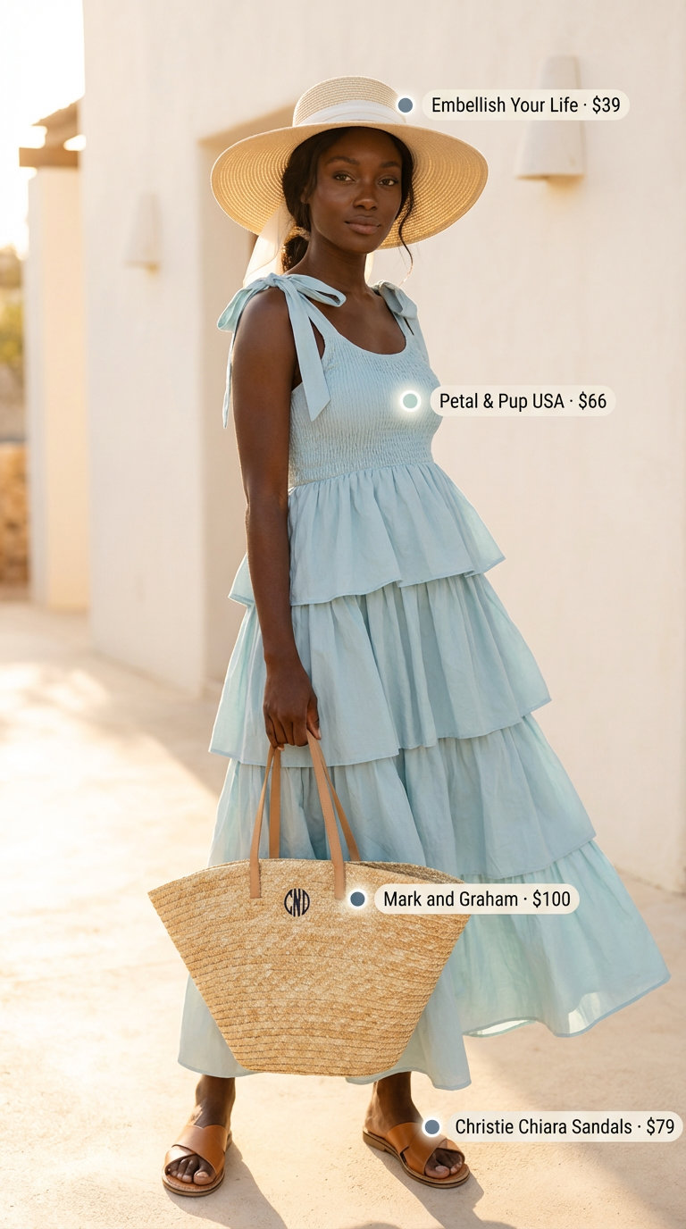 Relaxed sky blue crinkle cotton tiered maxi dress with straw tote and sun hat, perfect for summer dresses 2026 vacation style. Effortless beach day outfit inspiration.