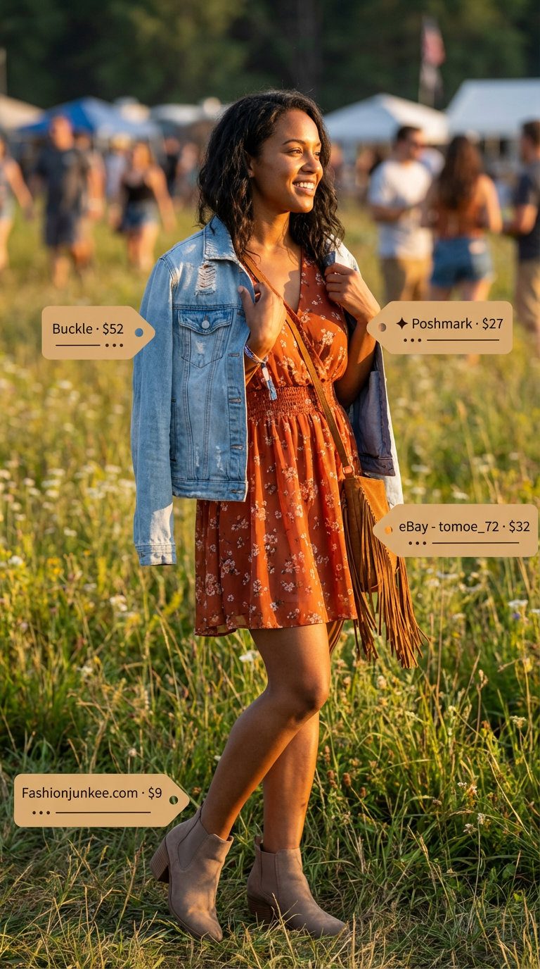 Bohemian rust orange mini dress with a distressed denim jacket, fringed crossbody, and ankle boots, ideal for summer dresses 2026 festival vibes.