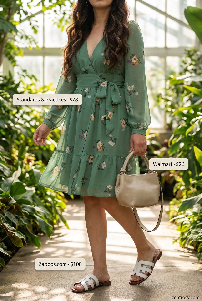 Feminine soft green floral mini wrap dress with white flat sandals and a mini top-handle bag, perfect for summer dresses 2026 garden parties.