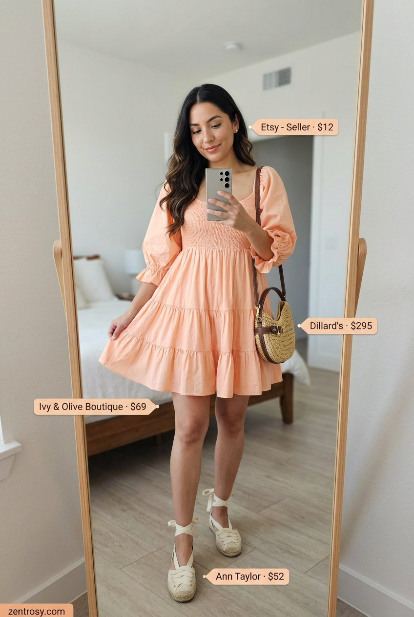 Charming peach tiered mini summer dress 2026 with puff sleeves paired with espadrille flat sandals, delicate pearl earrings, and a woven straw crossbody for a vineyard tour.