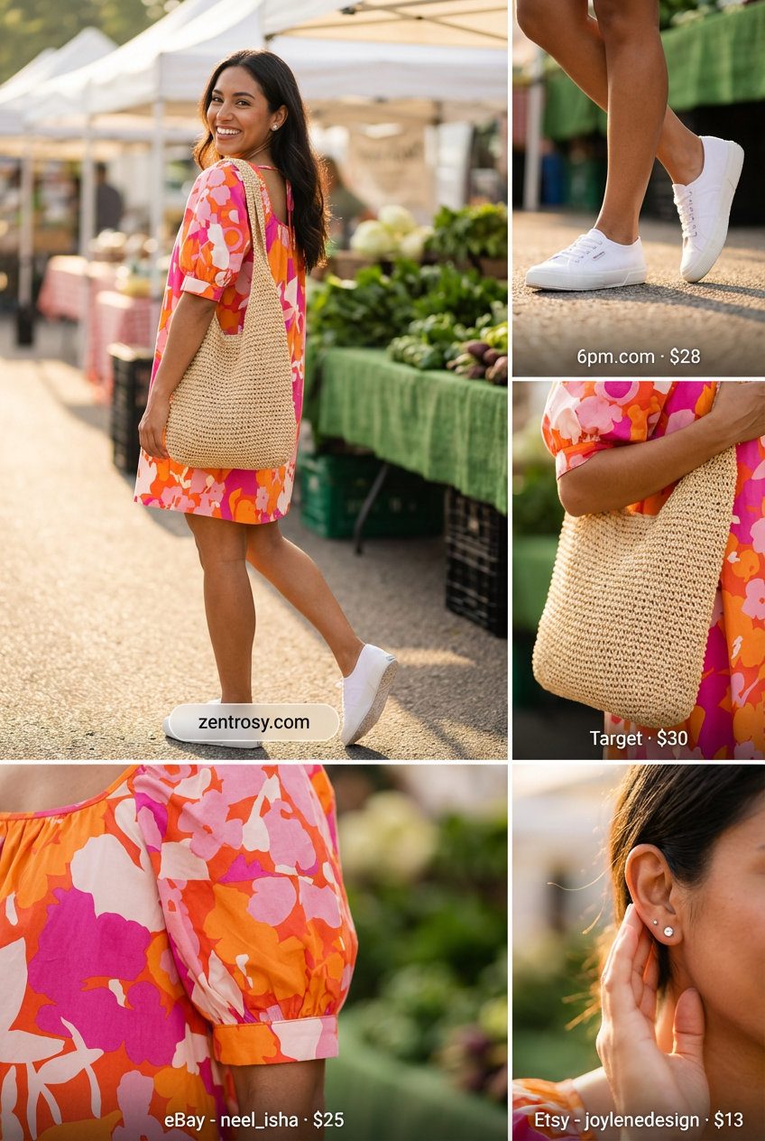 Playful hot pink and orange floral print mini dress with white sneakers and woven shoulder bag, perfect for summer dresses 2026 picnics.