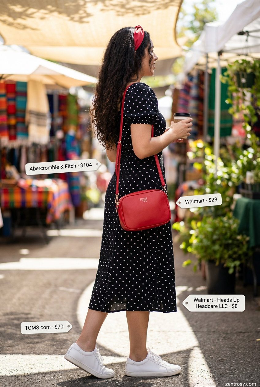 Playful black and white polka dot midi summer dress 2026 outfit with puff sleeves, a red headband, white sneakers, and a red crossbody bag, perfect for a casual day out or coffee date.