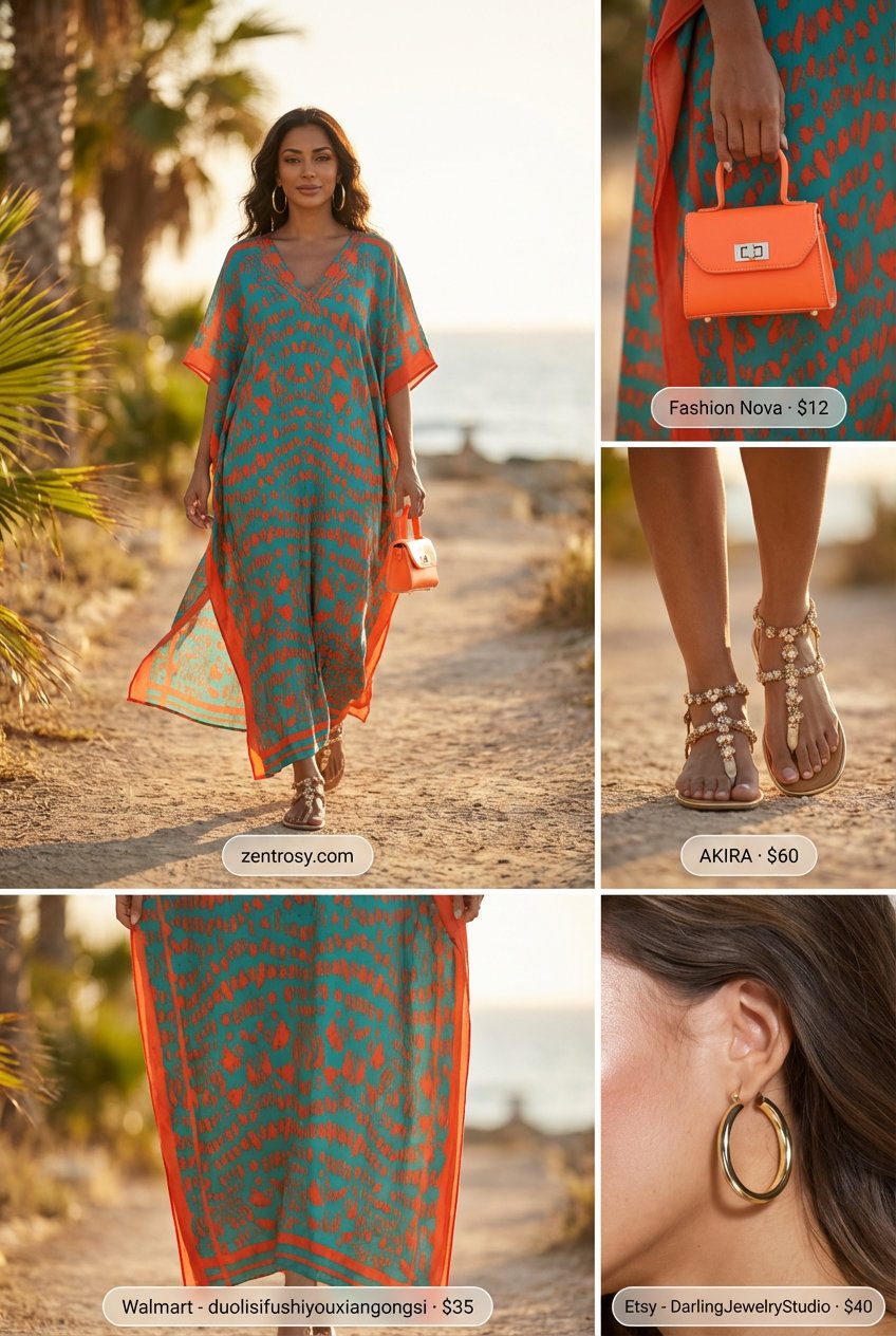 Teal and coral abstract print viscose caftan maxi dress with gold sandals, coral mini bag, & gold hoops for a resort evening. Perfect summer dresses 2026 outfit.
