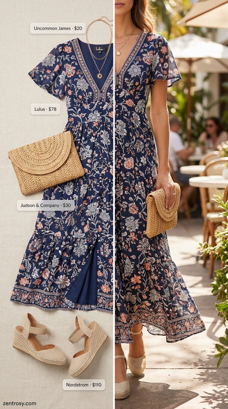 Navy blue floral print tiered maxi dress with espadrille sandals, a straw crossbody bag, and a gold layered necklace for a Riviera brunch. Flowy summer dresses 2026.