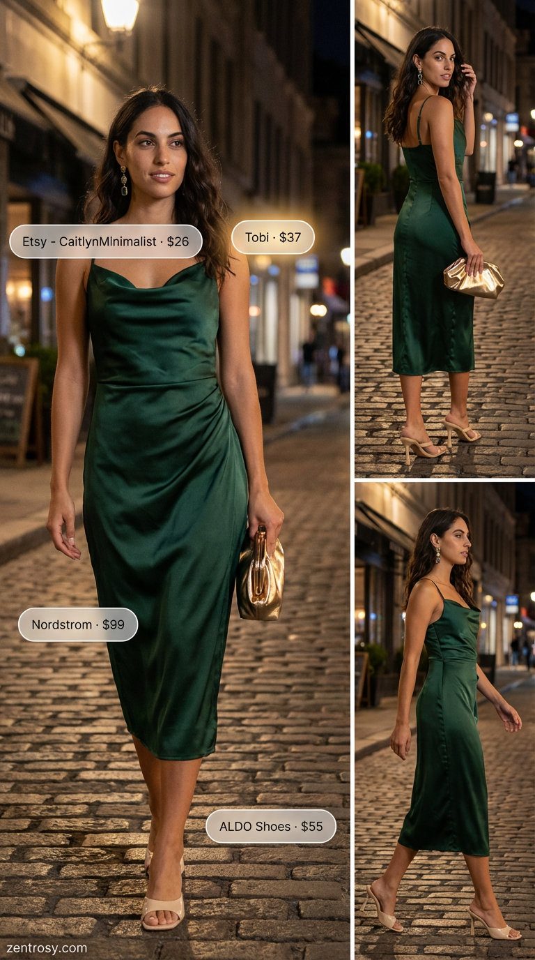 Sophisticated emerald green satin slip midi dress with gold clutch and nude heeled mules, perfect for summer dresses 2026 evening soirees.