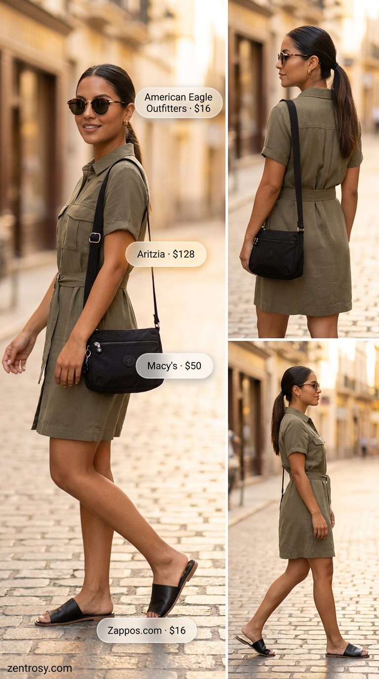 Stylish khaki green utility midi dress with black flat sandals, nylon crossbody, and round sunglasses, perfect for summer dresses 2026 travel.