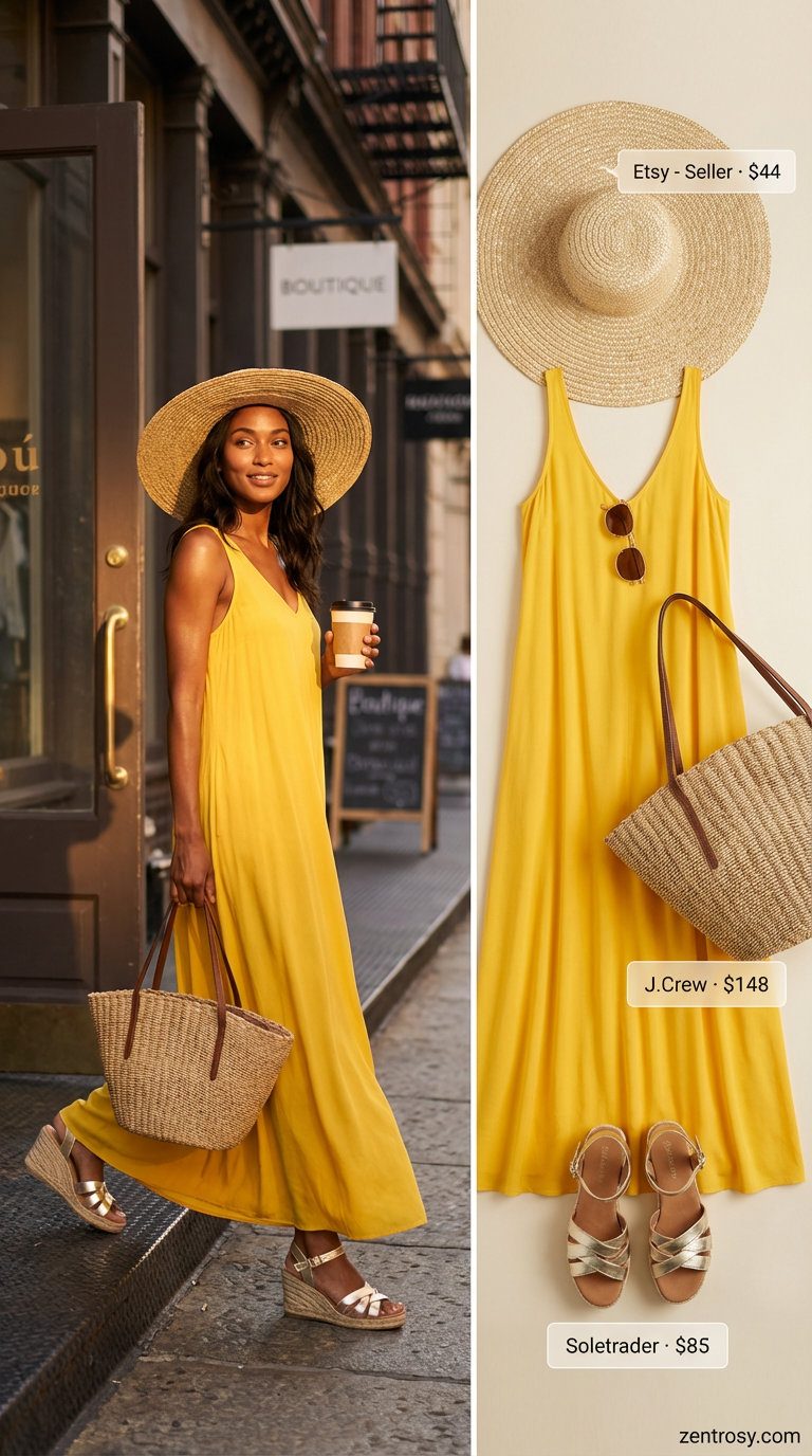 Glamorous bright yellow halter neck maxi summer dress 2026 with a flowing skirt, styled with gold wedge sandals, an oversized straw hat, and a large straw tote for a poolside retreat.