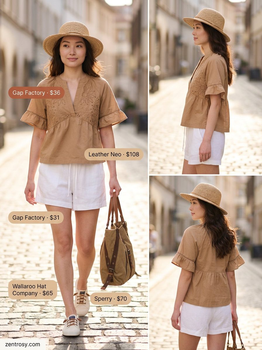 Weekend Getaway: Summer Eyelet Top Outfits 2026 Summer Eyelet Top Outfits for Women 2026: Beige eyelet top, white linen shorts, straw hat for a relaxed weekend getaway.