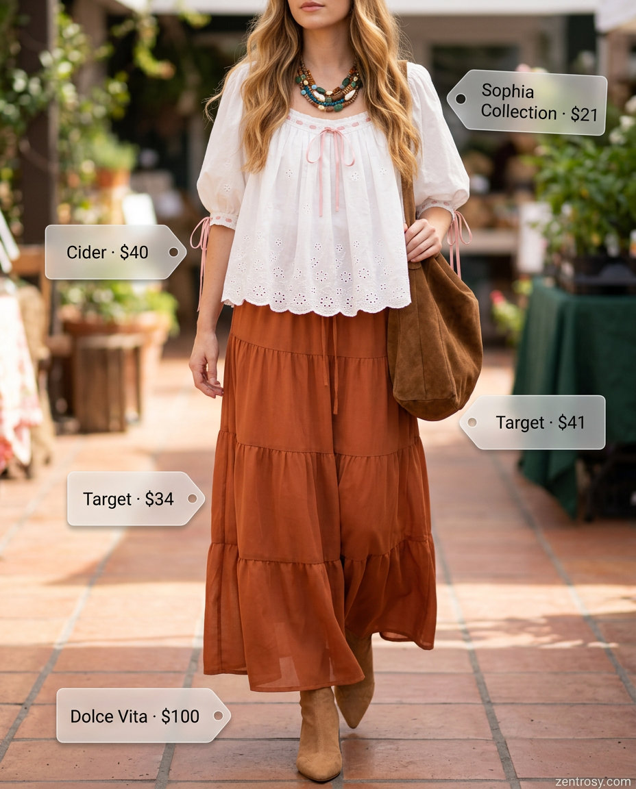 Summer Eyelet Top Outfits for Women 2026: Boho Dream Boho Summer outfit with ivory eyelet peasant blouse and terracotta maxi skirt for women 2026.