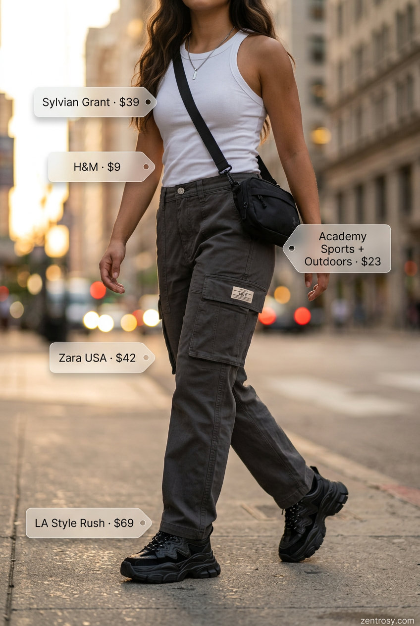 Summer Eyelet Top Outfits for Women 2026: Cargo Cool Charcoal grey cargo pants and white tank for casual summer outfits for women 2026. Trendy streetwear style.