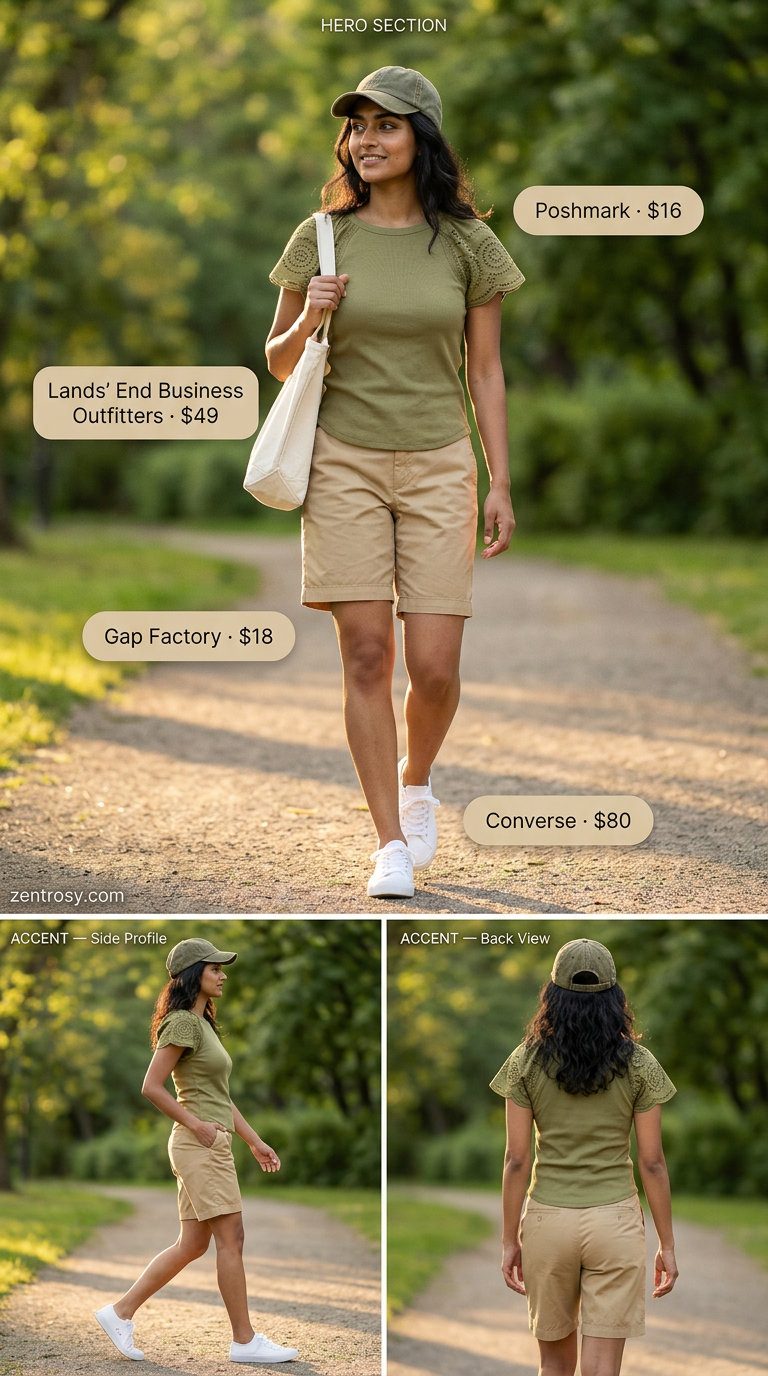 Summer Eyelet Top Outfits for Women 2026: Casual Cool Casual Cool outfit with olive green eyelet top and khaki Bermuda shorts for women 2026.