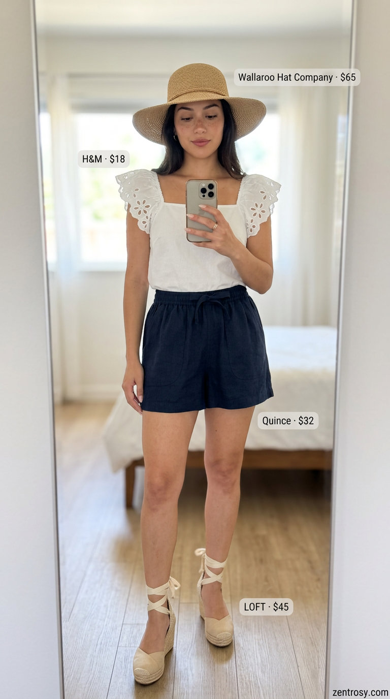 Summer Eyelet Top Outfits for Women 2026: Coastal Chic Coastal Getaway outfit with cream eyelet blouse and navy linen shorts for women 2026.