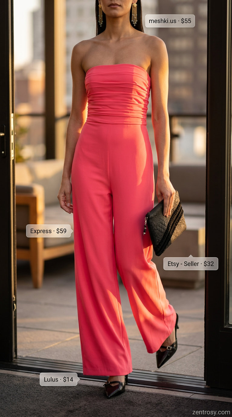 Summer Eyelet Top Outfits for Women 2026: Sunset Soiree Coral pink wide-leg jumpsuit for chic summer outfits for women 2026. Ideal for sunset soirees.