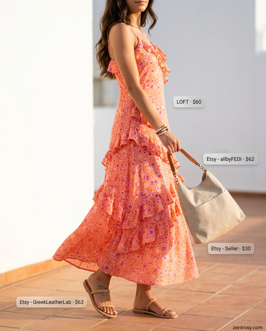 Summer Eyelet Top Outfits for Women 2026: Maxi Dress Coral floral maxi dress with eyelet details for playful summer outfits for women 2026. Great for picnics.