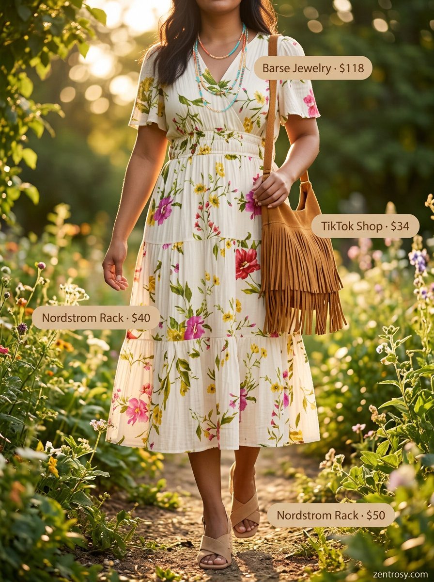 Bohemian Rhapsody: Summer Eyelet Top Outfits 2026 Summer Eyelet Top Outfits for Women 2026: Floral midi dress with eyelet bodice, suede sandals for garden party.