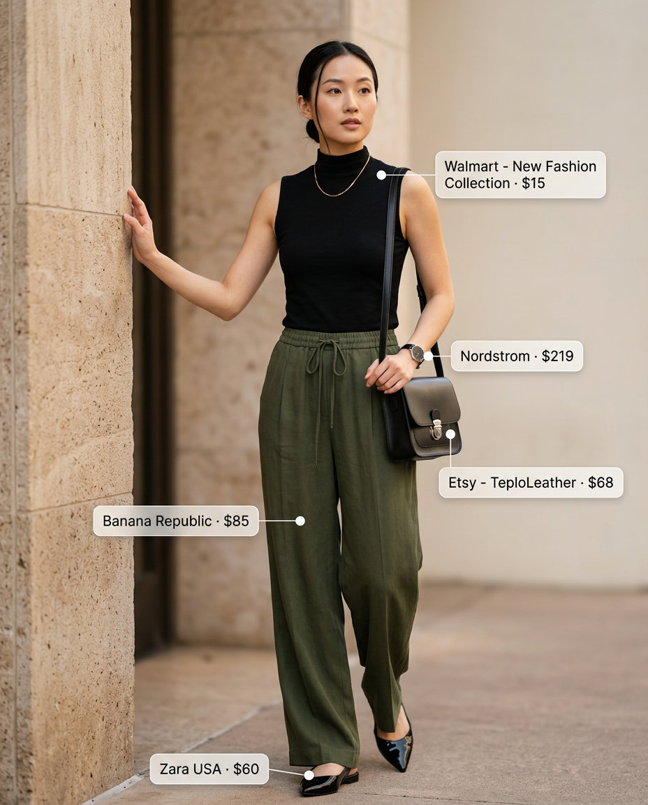 Summer Eyelet Top Outfits for Women 2026: City Chic Olive green wide-leg pants and black turtleneck for chic summer outfits for women 2026. Ideal for city exploration.