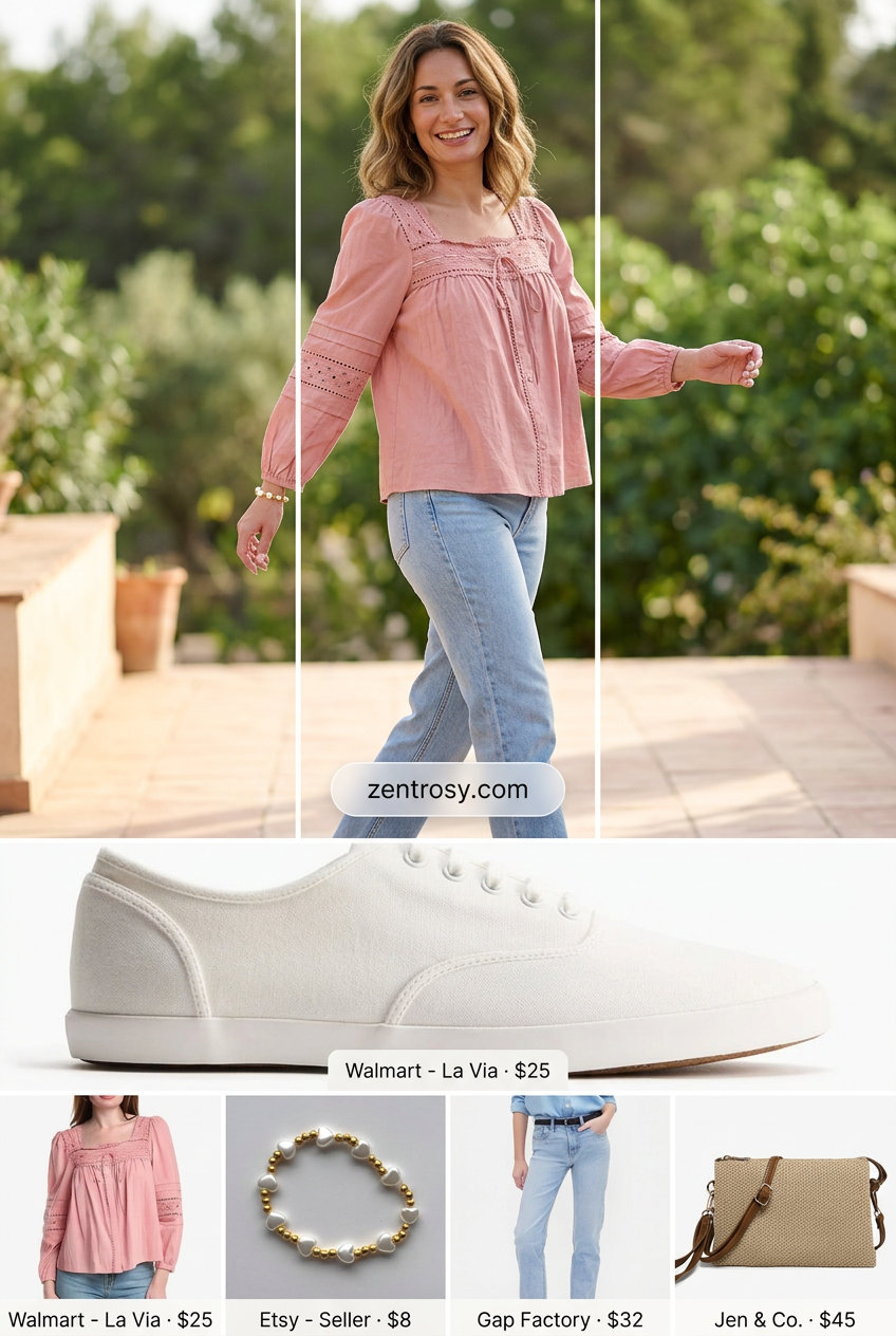 Brunch Ready: Summer Eyelet Top Outfits 2026 Summer Eyelet Top Outfits for Women 2026: Pastel pink eyelet blouse, light wash jeans, white sneakers for brunch.