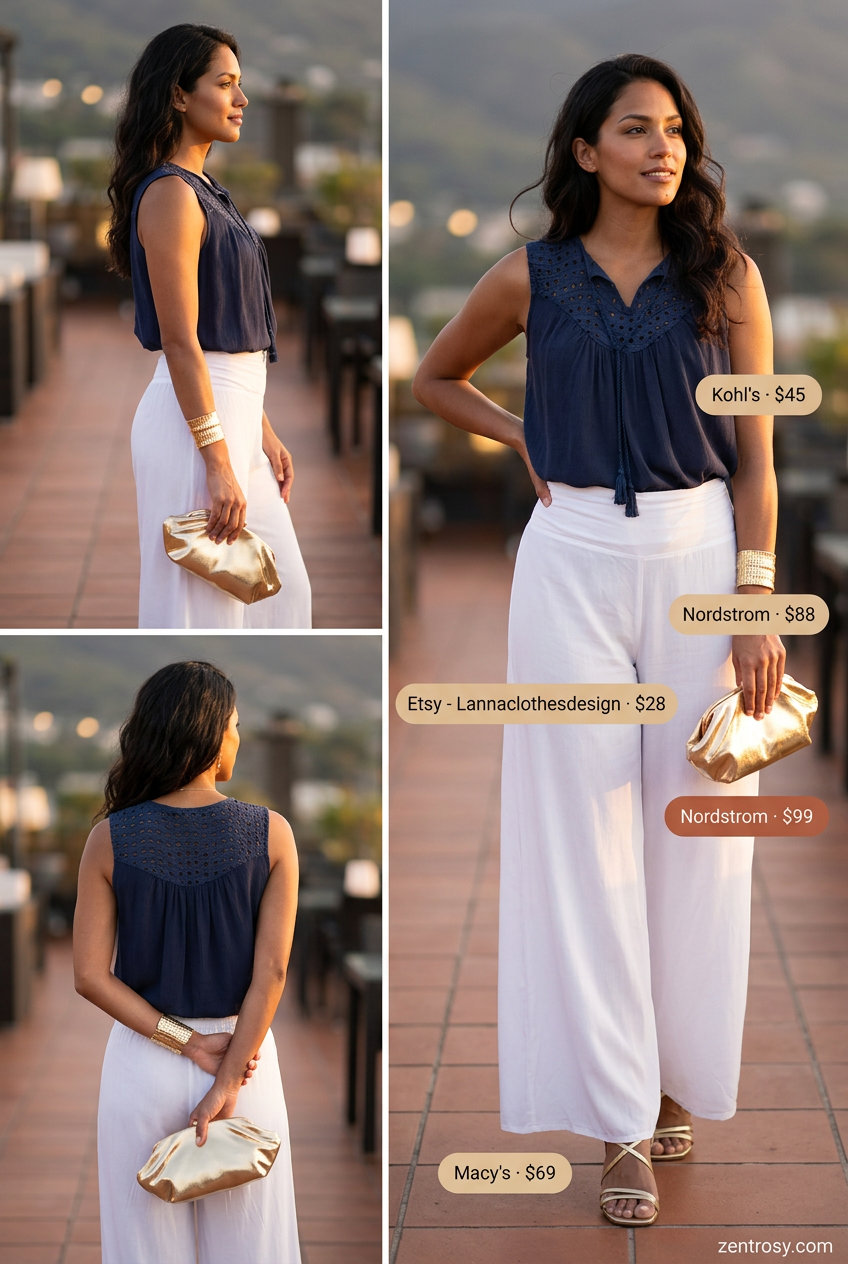 Summer Eyelet Top Outfits for Women 2026: Sunset Elegance Sunset Cruise outfit with navy blue eyelet top and white palazzo pants for women 2026.