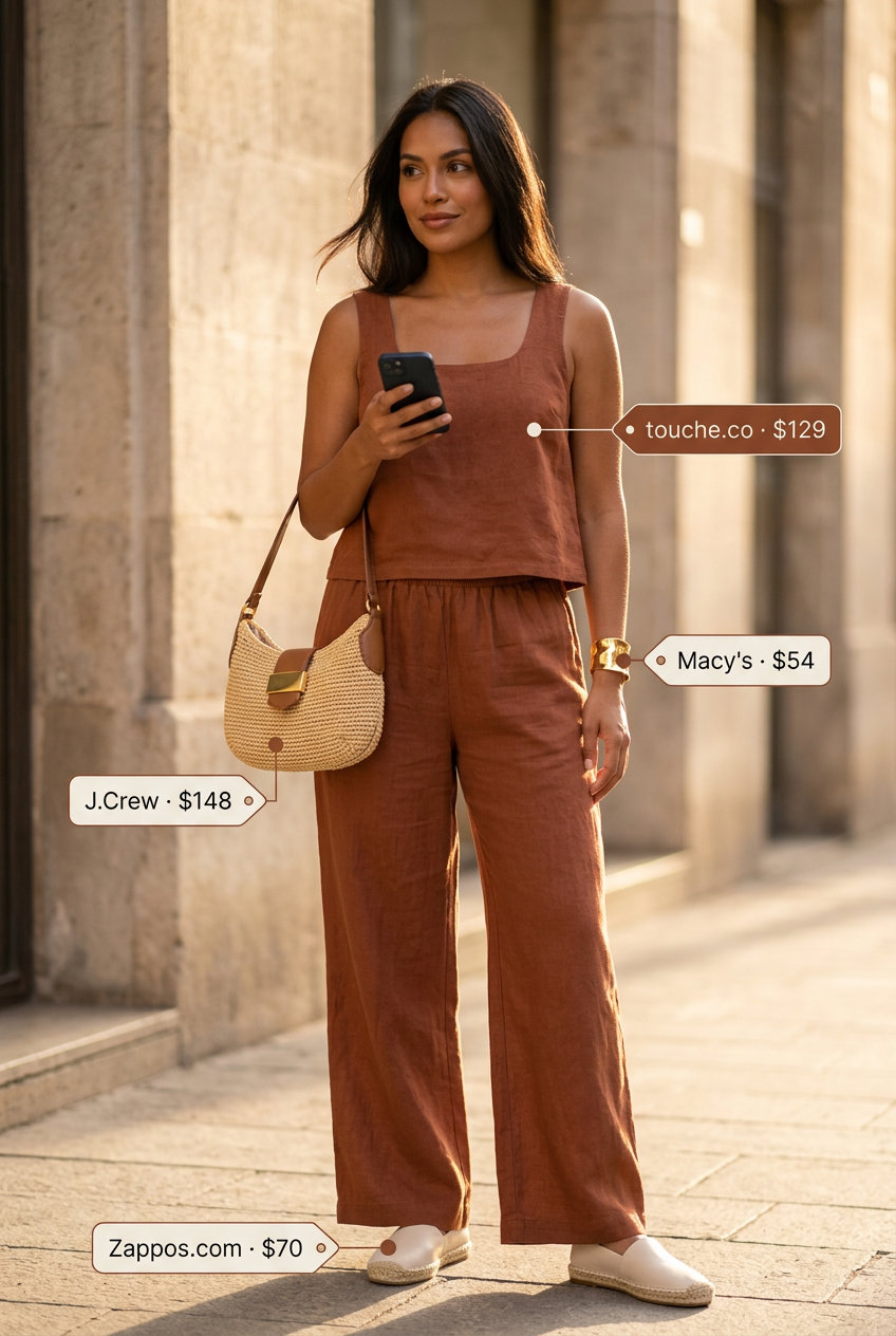 Summer Eyelet Top Outfits for Women 2026: Linen Co-ord Terracotta linen crop top and shorts set for chic summer outfits for women 2026. Perfect resort wear.