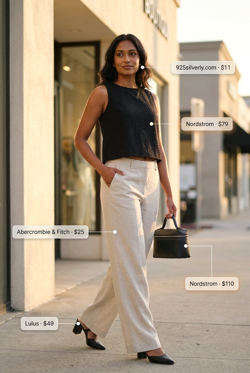 Summer Eyelet Top Outfits for Women 2026: Urban Chic Urban Explorer outfit with black eyelet top and cream wide-leg trousers for women 2026.