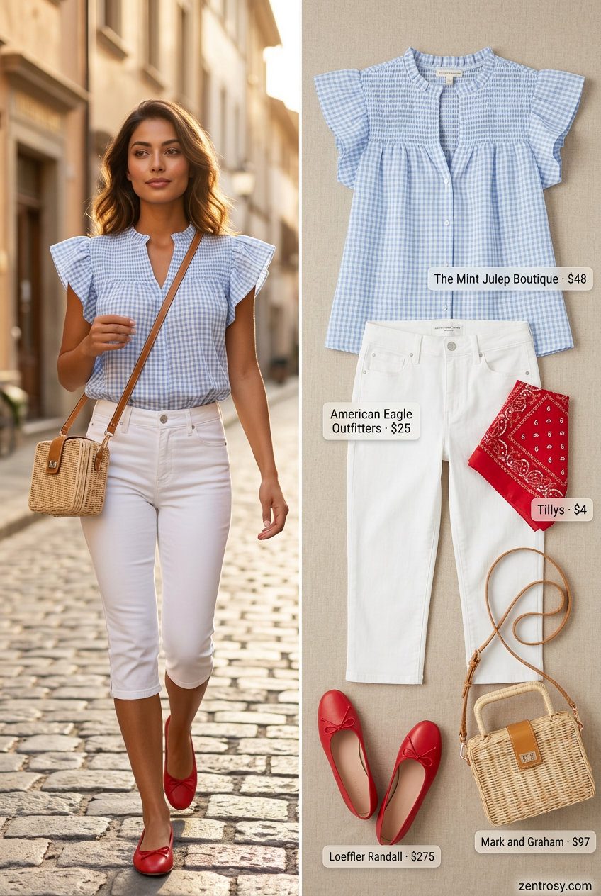 Summer Eyelet Top Outfits for Women 2026: Vintage Charm Vintage Inspired outfit with blue gingham eyelet top and white capri pants for women 2026.