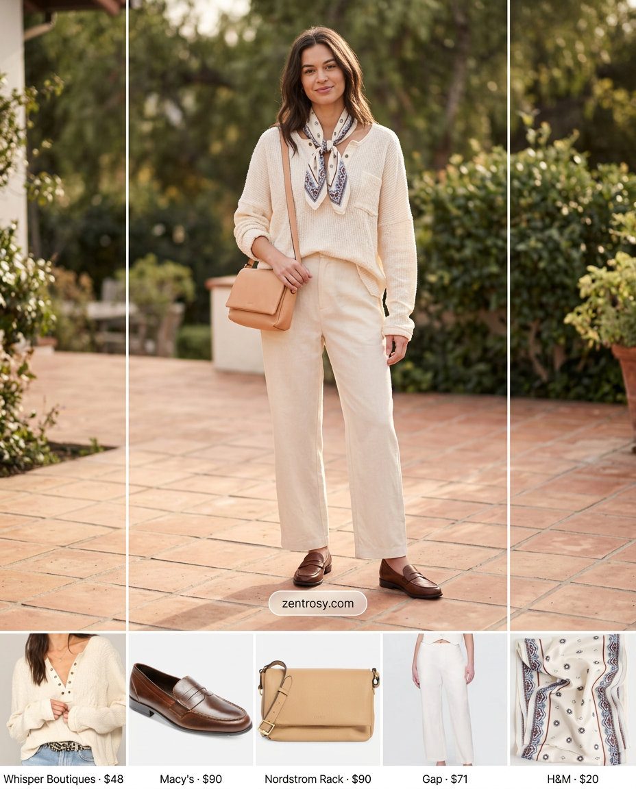 Summer Eyelet Top Outfits for Women 2026: Weekend Comfort Weekend Getaway outfit with beige eyelet tunic top and cream linen trousers for women 2026.