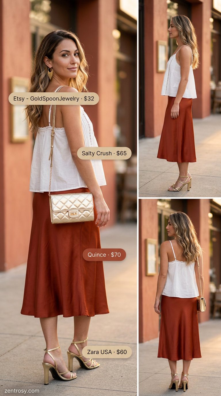 Sunset Serenade: Summer Eyelet Top Outfits 2026 Summer Eyelet Top Outfits for Women 2026: White eyelet camisole, terracotta slip skirt, gold heels for date night.