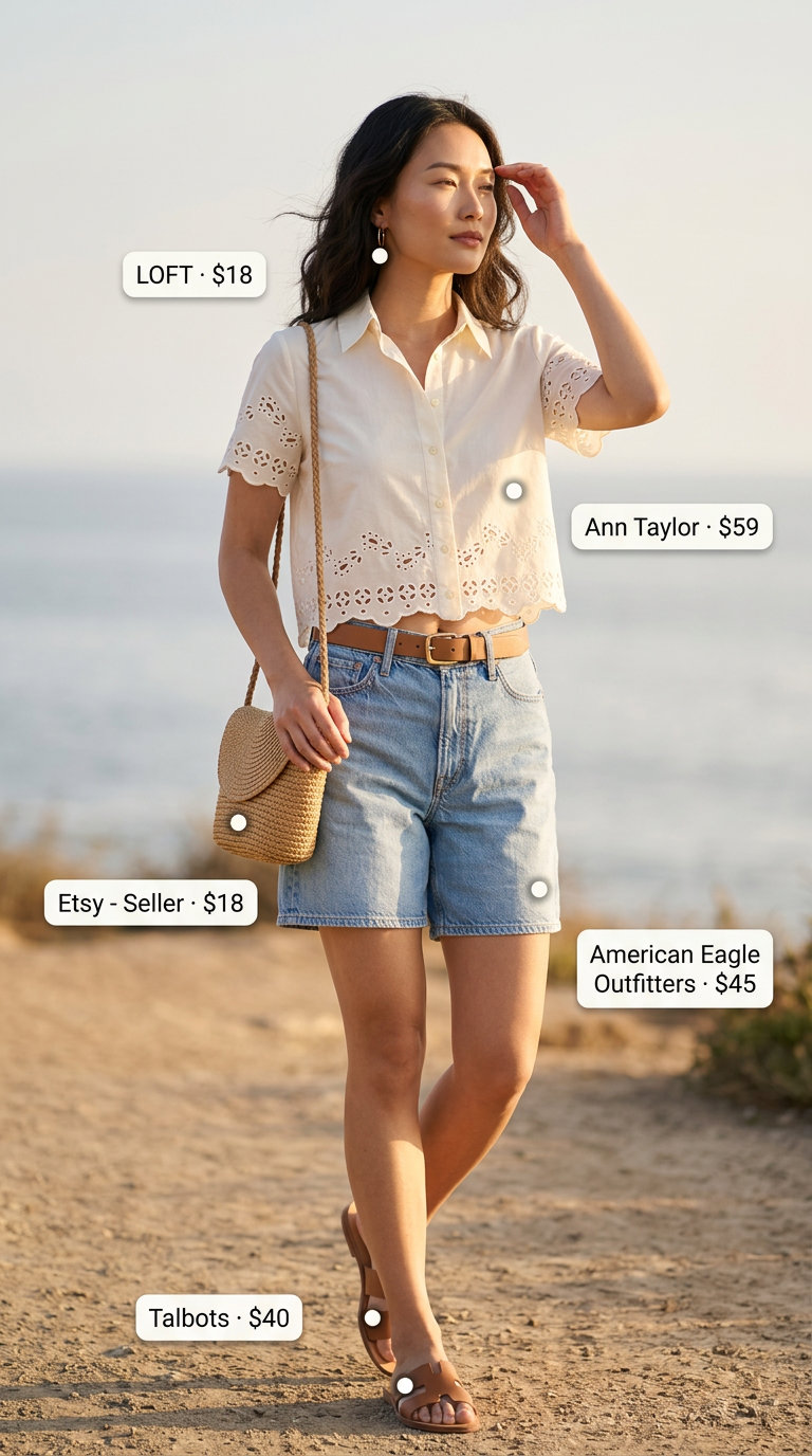 Summer Eyelet Top Outfits for Women 2026: Coastal Breeze White eyelet top and denim shorts for coastal summer outfits for women 2026. Effortless beach style.