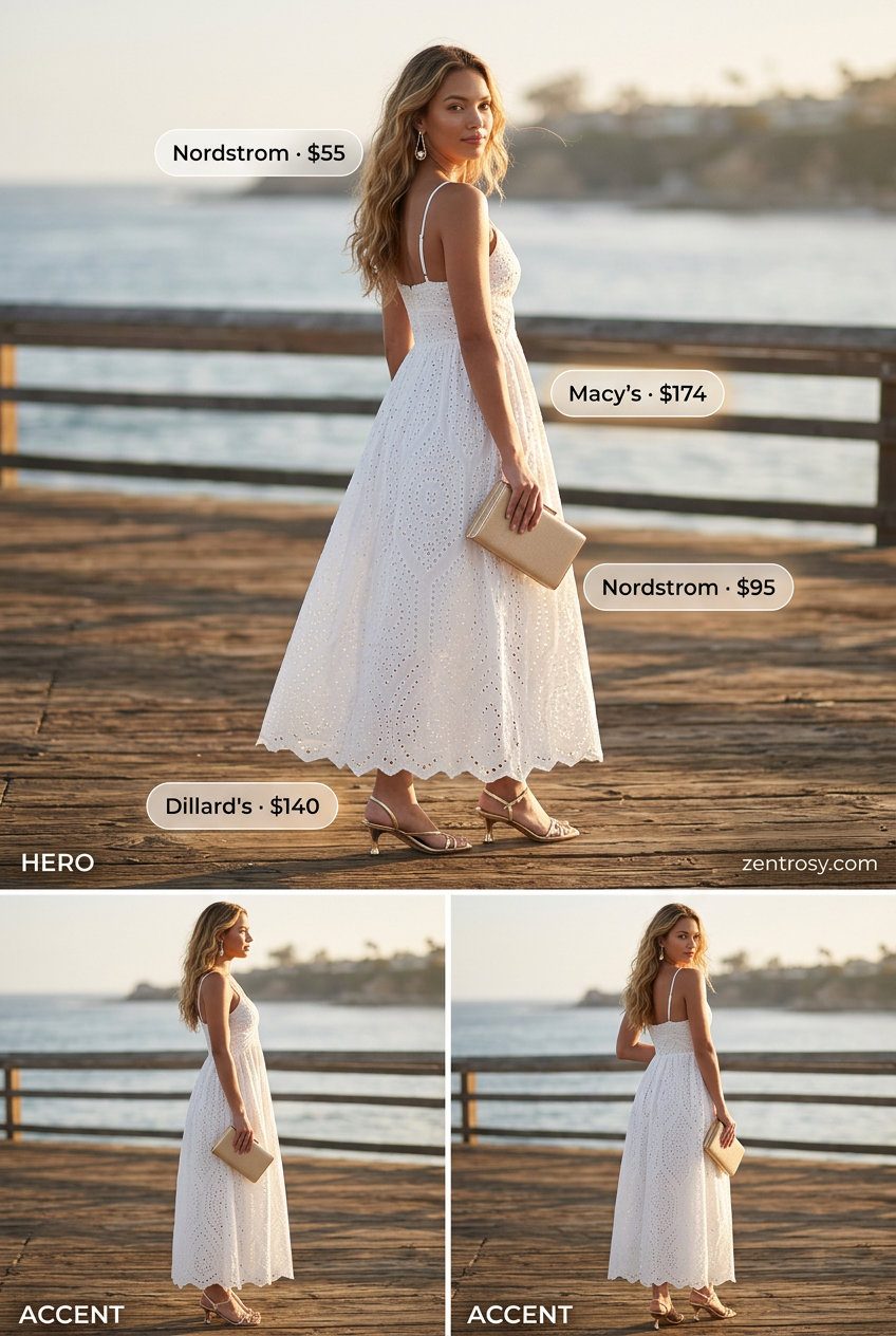 Seaside Romance: Summer Eyelet Top Outfits 2026 Summer Eyelet Top Outfits for Women 2026: White eyelet maxi dress, gold sandals for seaside romance.