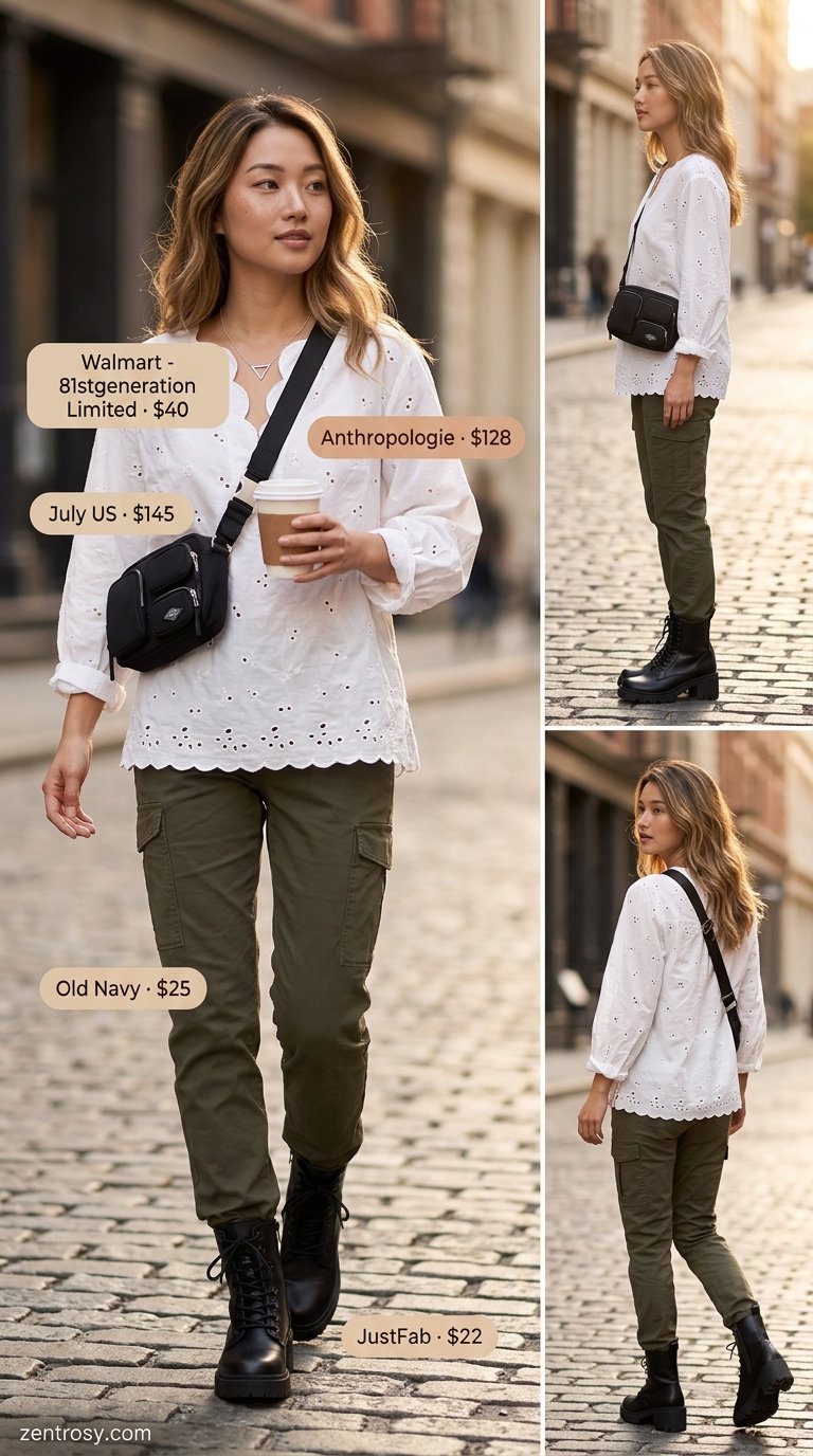 Urban Explorer: Summer Eyelet Top Outfits 2026 Summer Eyelet Top Outfits for Women 2026: White eyelet shirt, olive cargo pants, combat boots for urban style.