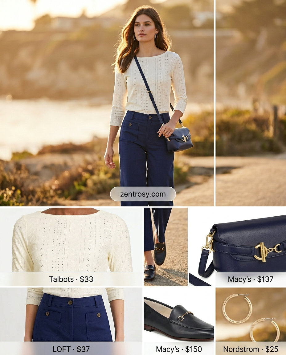 Nautical Chic: Summer Eyelet Top Outfits 2026 Summer Eyelet Top Outfits for Women 2026: White eyelet top, navy wide-leg pants, loafers for nautical chic.