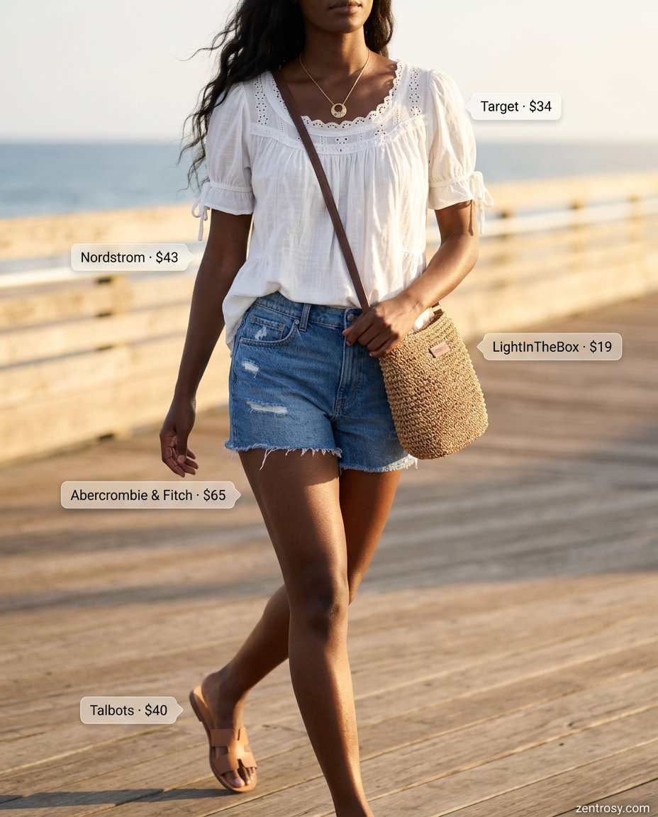 Coastal Breeze: Summer Eyelet Top Outfits 2026 Summer Eyelet Top Outfits for Women 2026: White puff sleeve eyelet top, denim shorts, leather slides for coastal vibes.