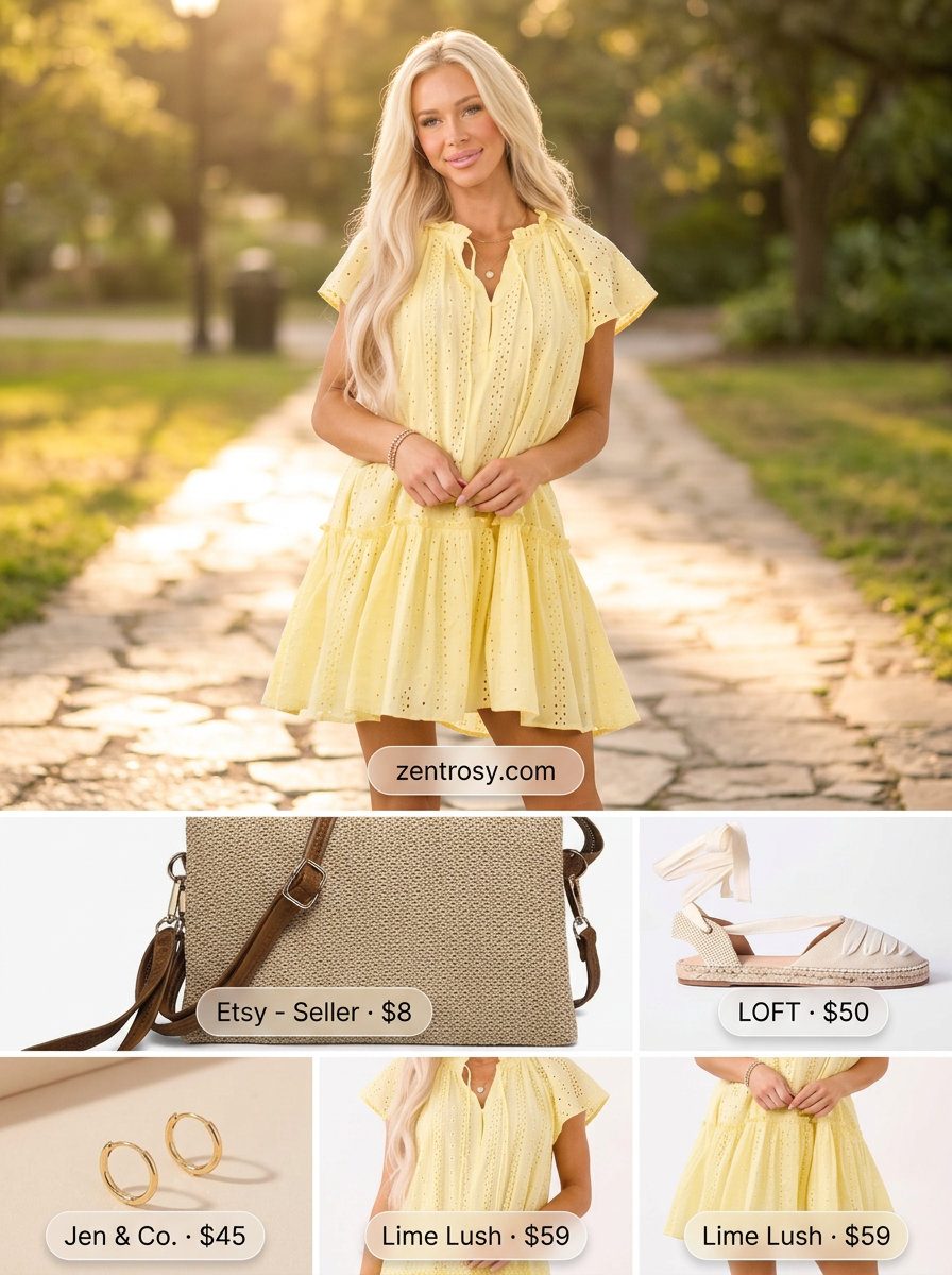 Sweet Sundress: Summer Eyelet Top Outfits 2026 Summer Eyelet Top Outfits for Women 2026: Yellow eyelet sundress, espadrilles, straw bag for a sweet day out.