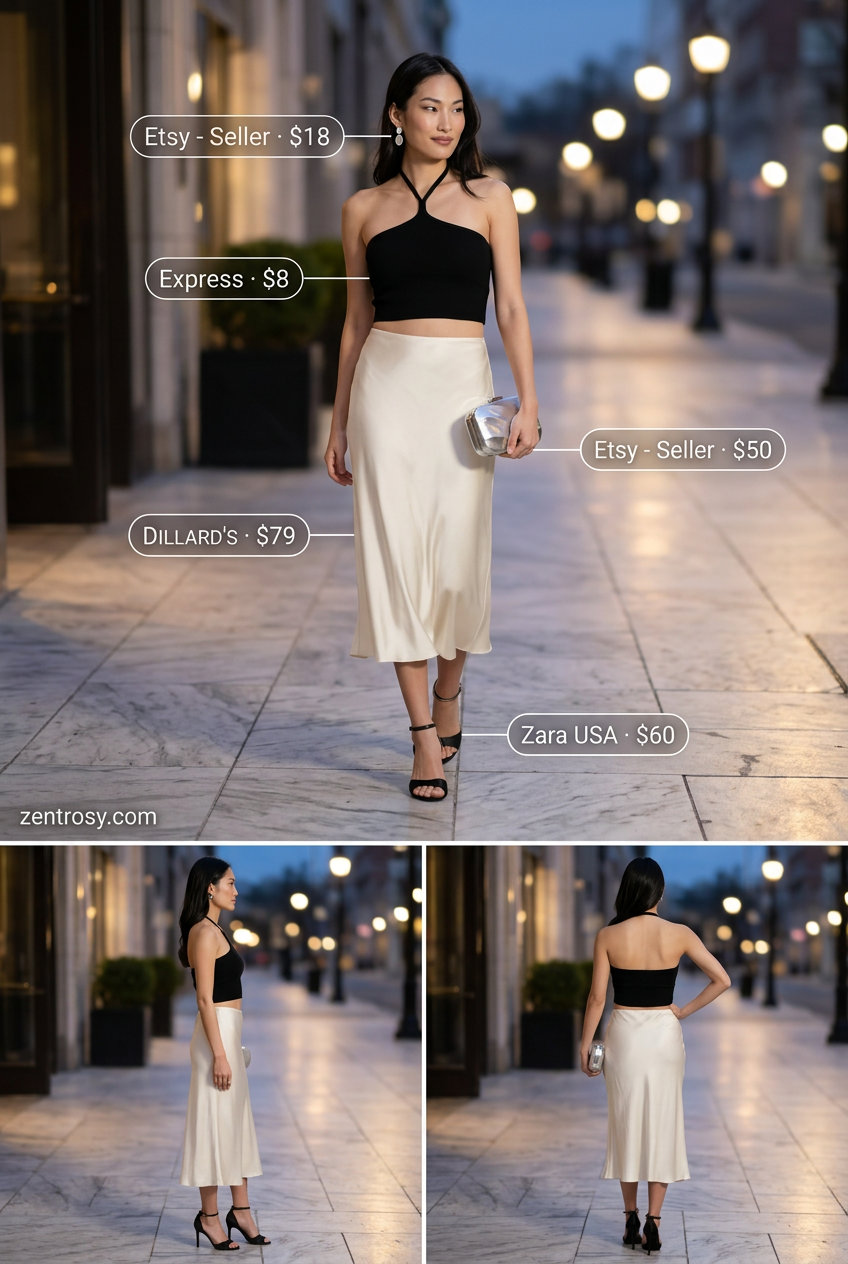 Modern Muse Halter Top & Skirt 2026 Black halter knit top with ivory satin midi skirt for evening events. 2026.