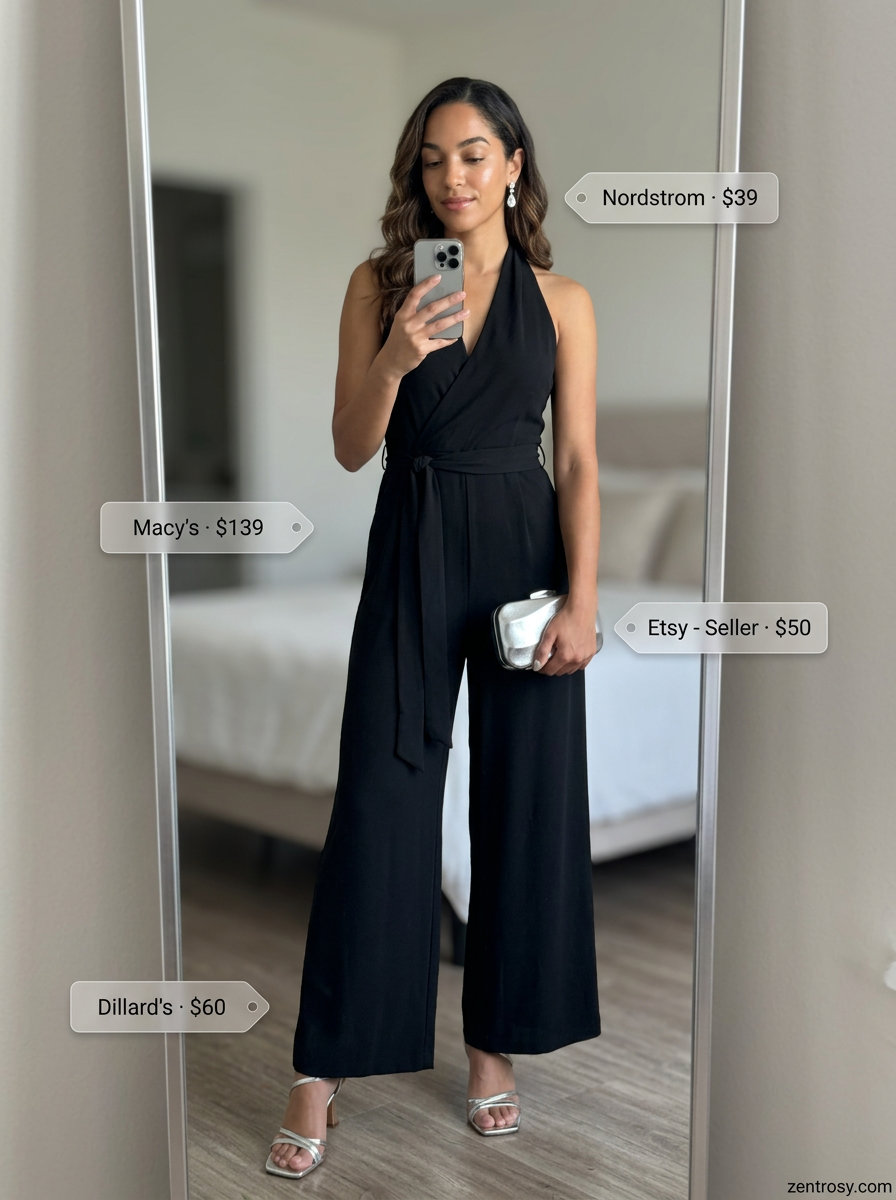 Summer Halter Neck Outfits 2026: Chic Black Jumpsuit Summer halter neck outfits for women 2026: Chic black jumpsuit for evening events and cocktail parties.