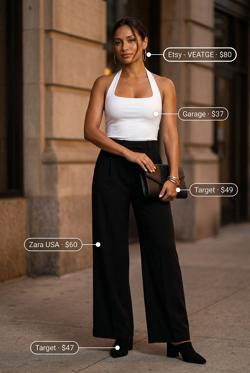 City Chic Summer Halter 2026 Chic summer halter neck outfits for women 2026: Black halter top, wide-leg trousers, pointed mules, silver earrings.