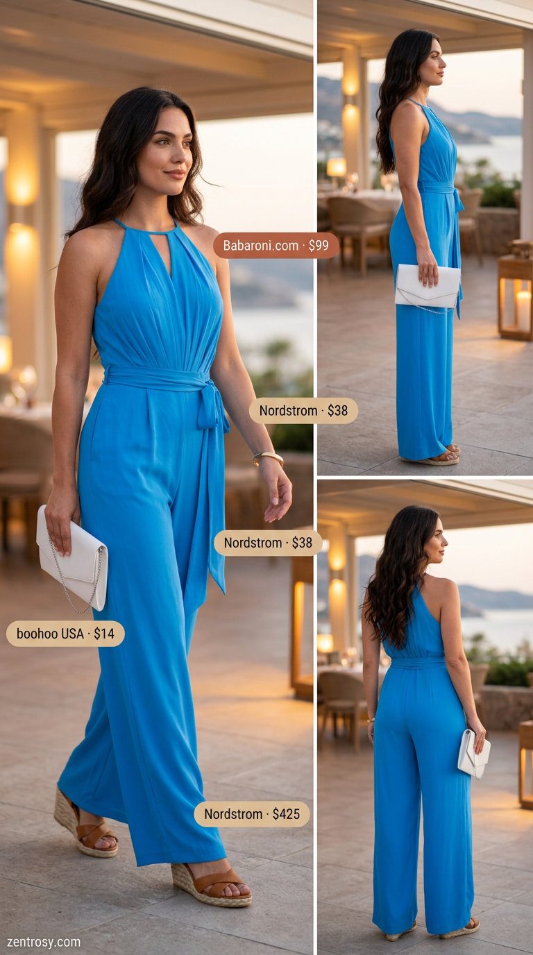 Resort Summer Halter Jumpsuit 2026 Sophisticated summer halter neck outfits for women 2026: Ocean blue jumpsuit, espadrille wedges, clutch, gold bangle.