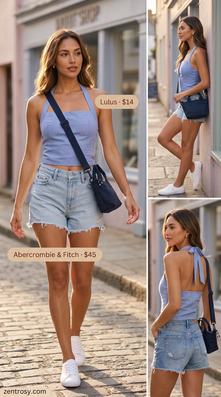 Coastal Charm Halter Top & Shorts 2026 Light blue linen halter top with denim shorts for casual coastal days. 2026.