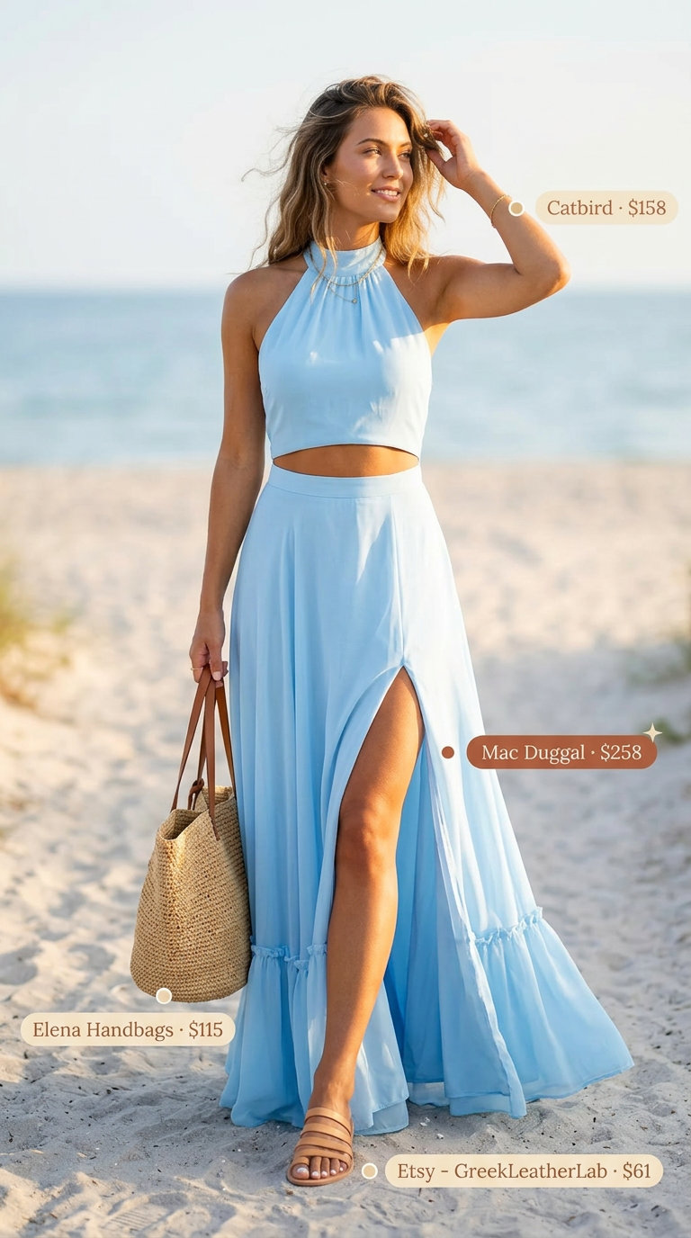 Coastal Summer Halter Maxi 2026 Relaxed summer halter neck outfits for women 2026: Sky blue maxi dress, straw tote, leather slides, gold bracelet.
