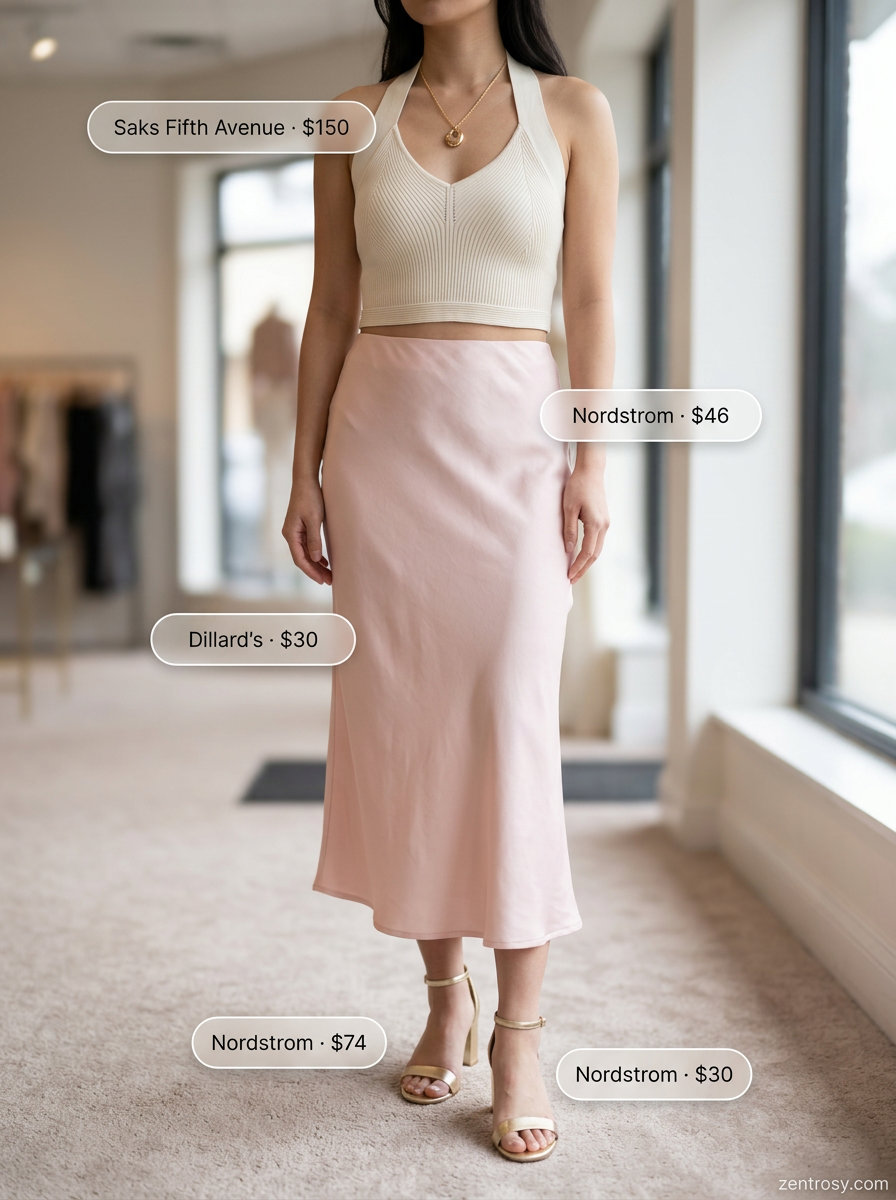 Summer Halter Neck Outfits 2026: Blush Skirt & Halter Top Summer halter neck outfits for women 2026: Blush pink skirt with champagne halter top for events.