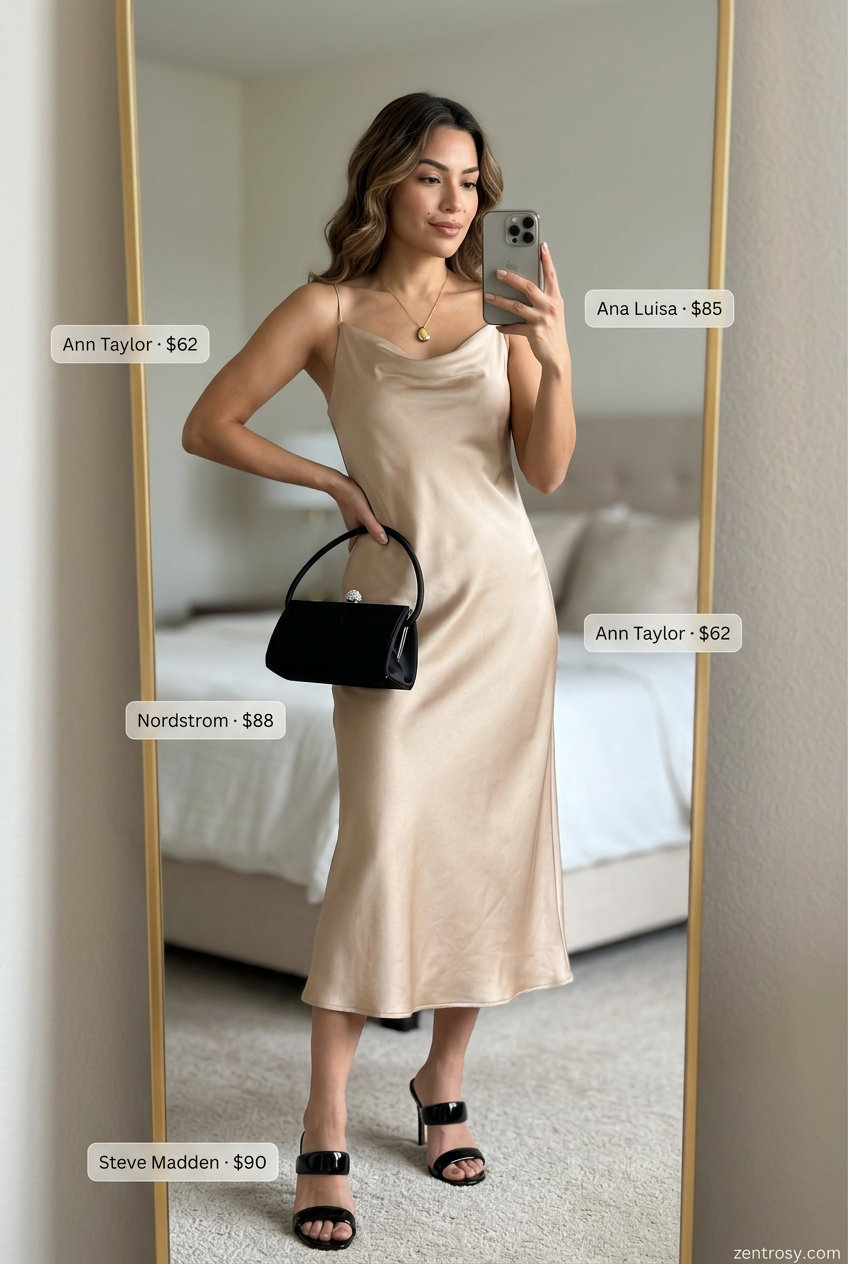 Summer Halter Neck Outfits 2026: Champagne Slip Dress Summer halter neck outfits for women 2026: Elegant champagne slip dress for date nights and weddings.