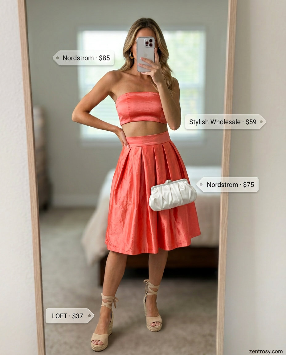 Sunset Glow Halter Skirt Set 2026 Vibrant coral halter crop top and midi skirt set for summer evenings. 2026.