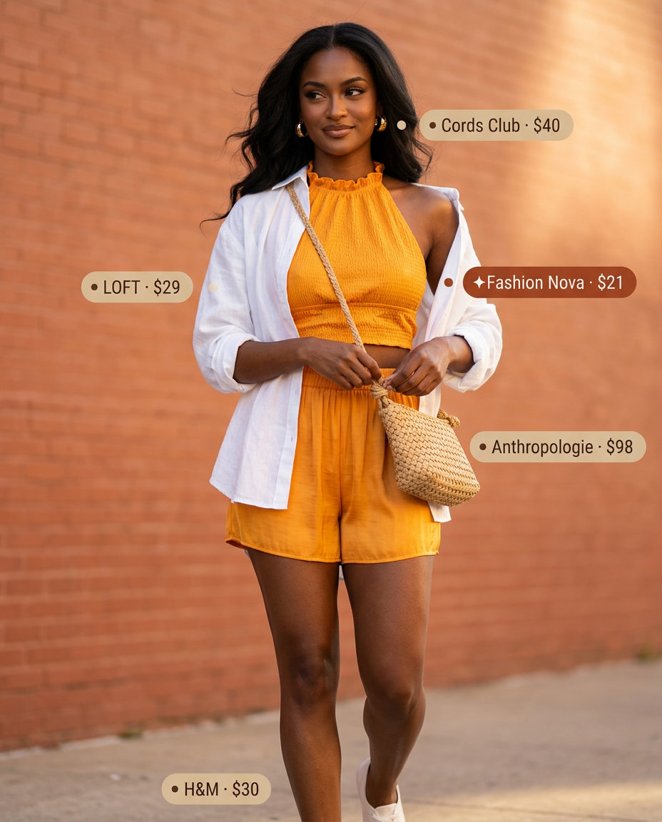 Weekend Summer Halter Set 2026 Vibrant summer halter neck outfits for women 2026: Coral halter crop top set, white linen shirt, raffia bag, gold earrings.
