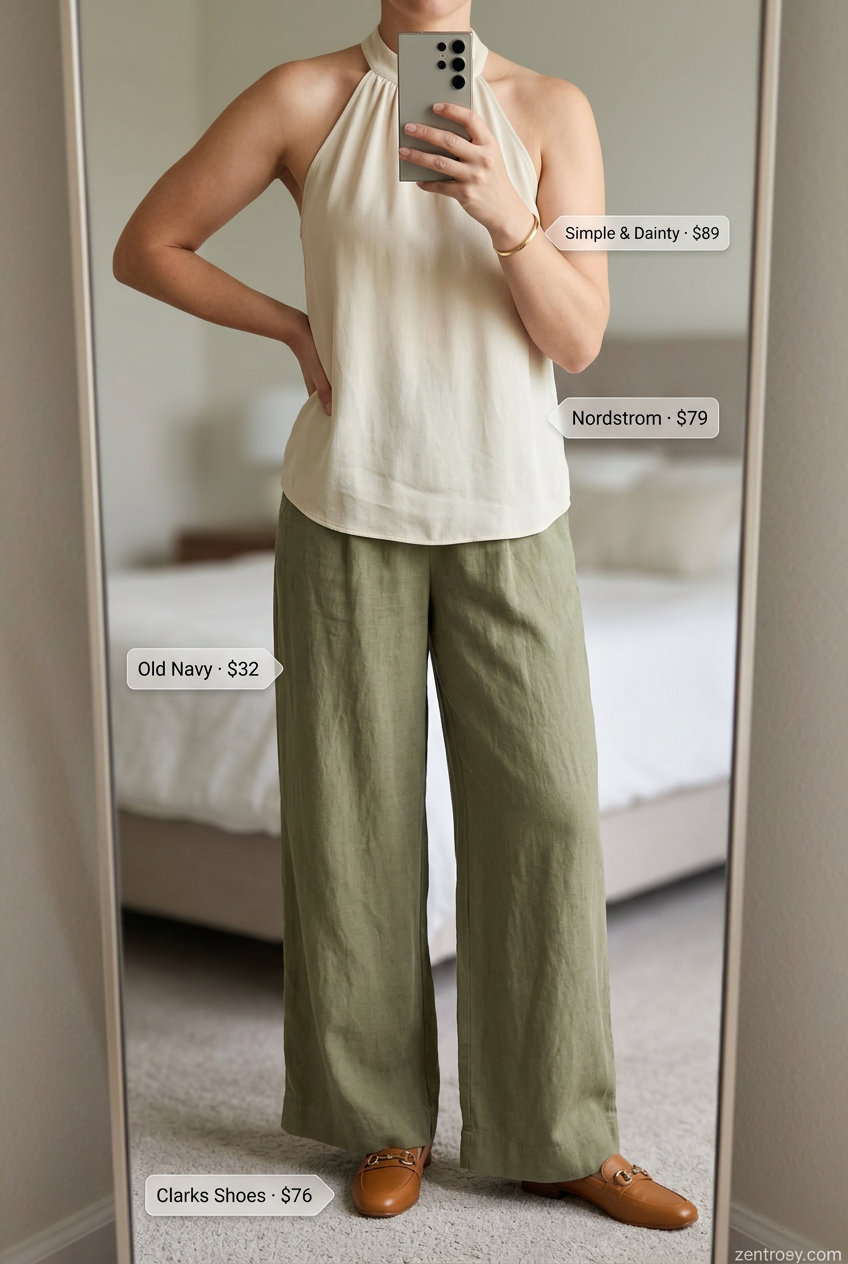 Urban Summer Halter & Wide-Leg 2026 Sophisticated summer halter neck outfits for women 2026: Cream halter top, olive wide-leg pants, loafers, crossbody bag.